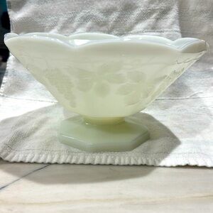 Vintage Milk Glass Pedestal Footed Bowl Compote Grape and Leaf